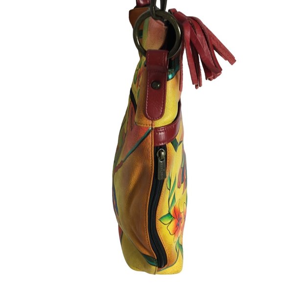 Anuschka NEVER USED Handpainted Leather Tote Shoulder Dragonfly Floral - Picture 7 of 13
